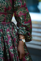 Malkia Burgundy and Green African Print  Maxi Dress