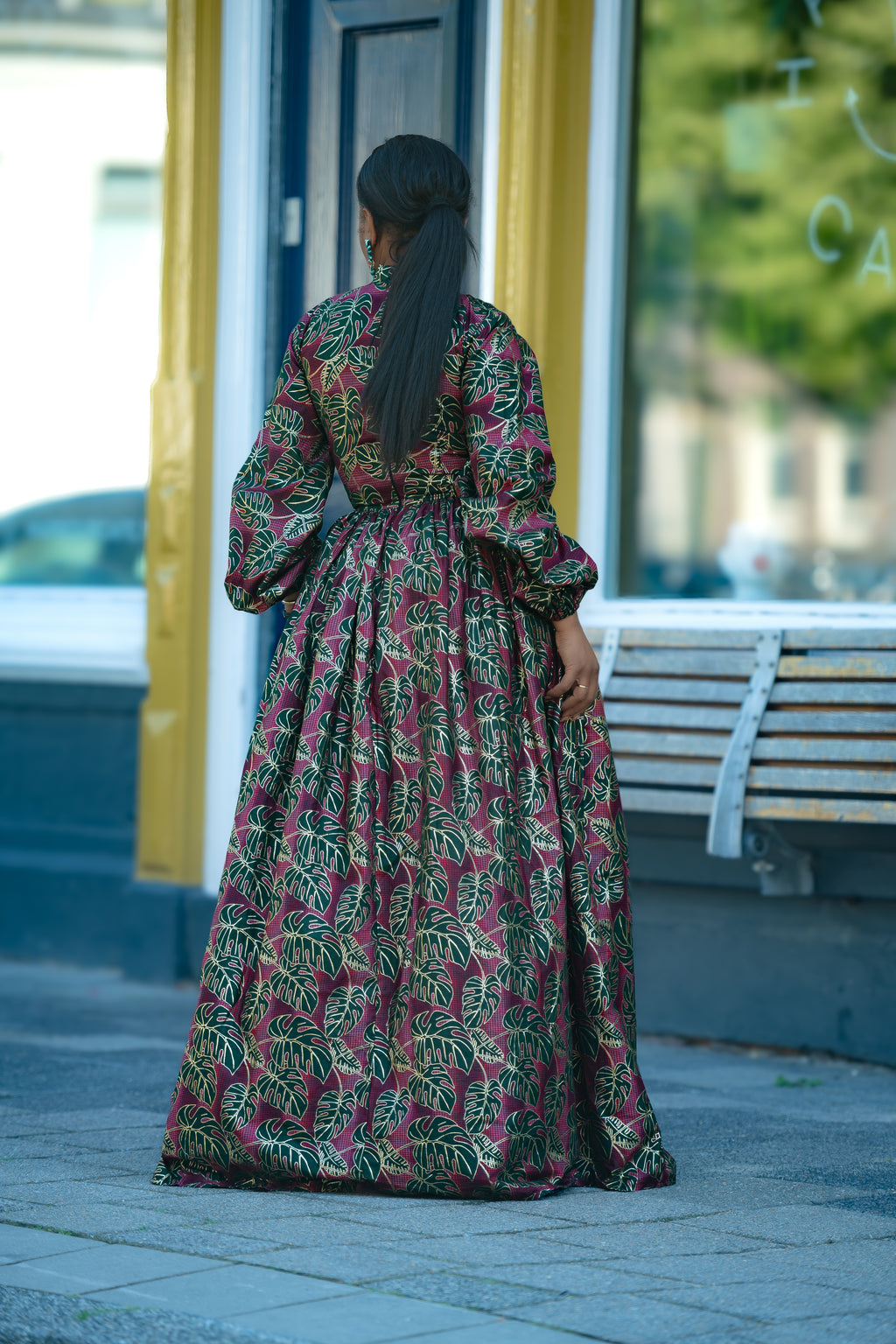 Malkia Burgundy and Green African Print  Maxi Dress