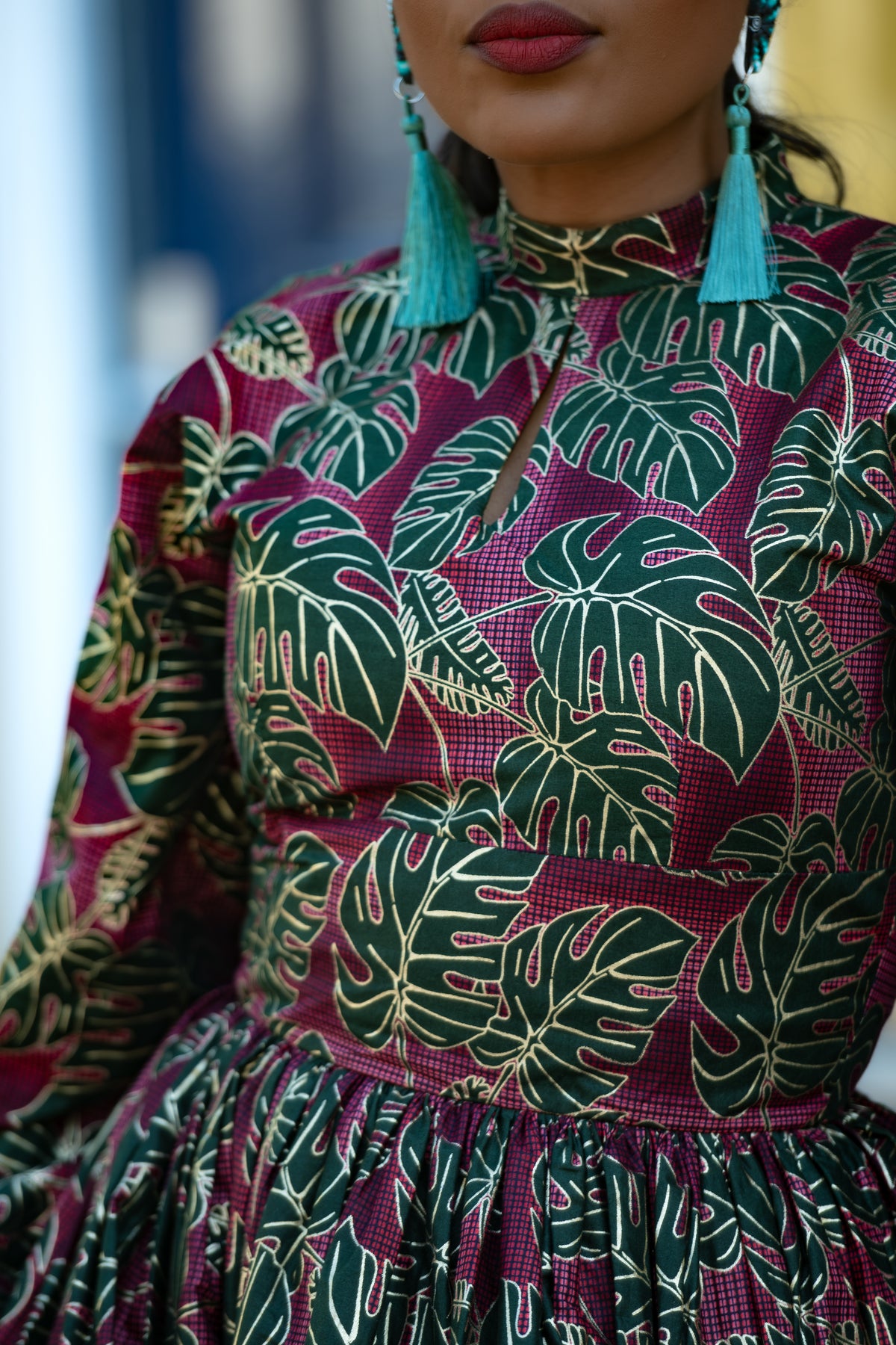 Malkia Burgundy and Green African Print  Maxi Dress