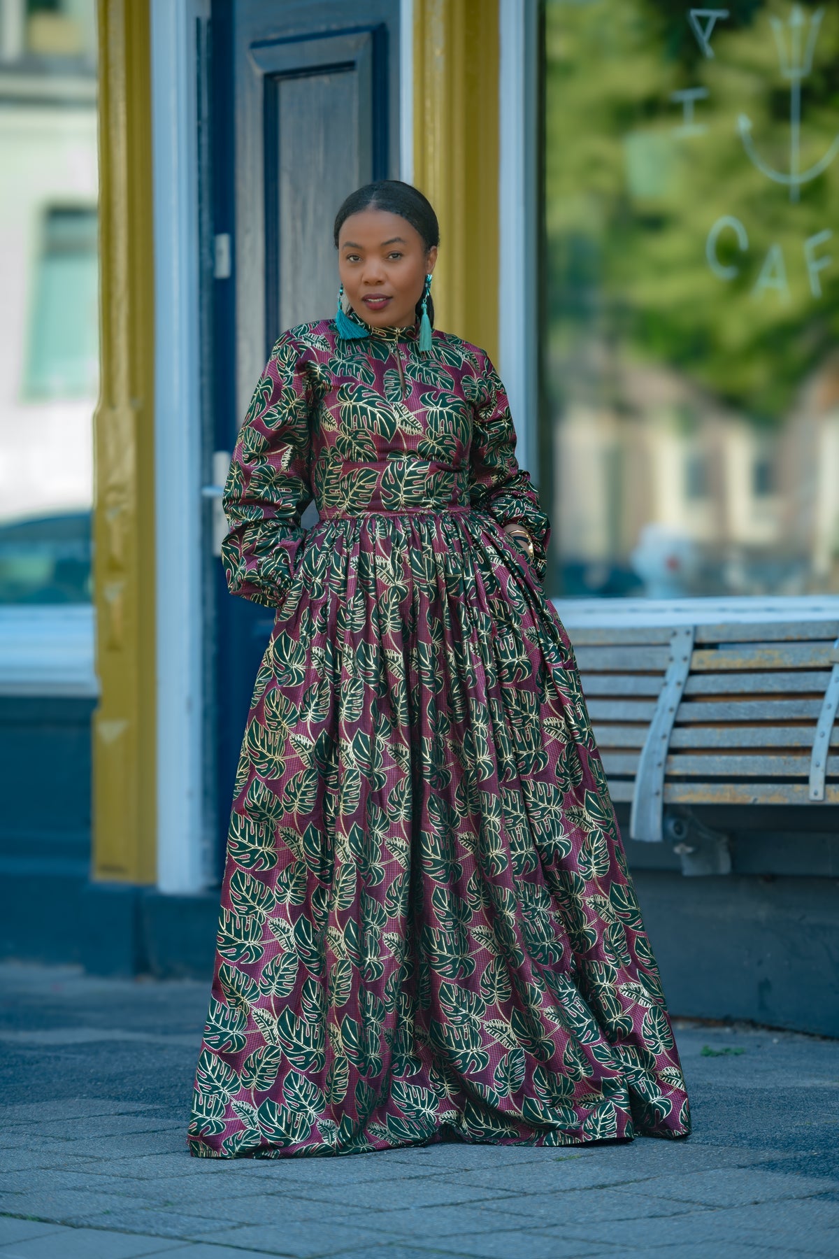 Malkia Burgundy and Green African Print  Maxi Dress