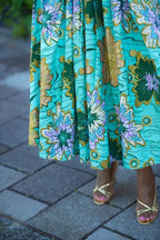 Close up of colorful African wax print dress