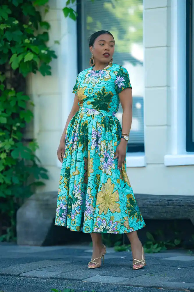 Marisol Mint Green and Gold Floral Dress