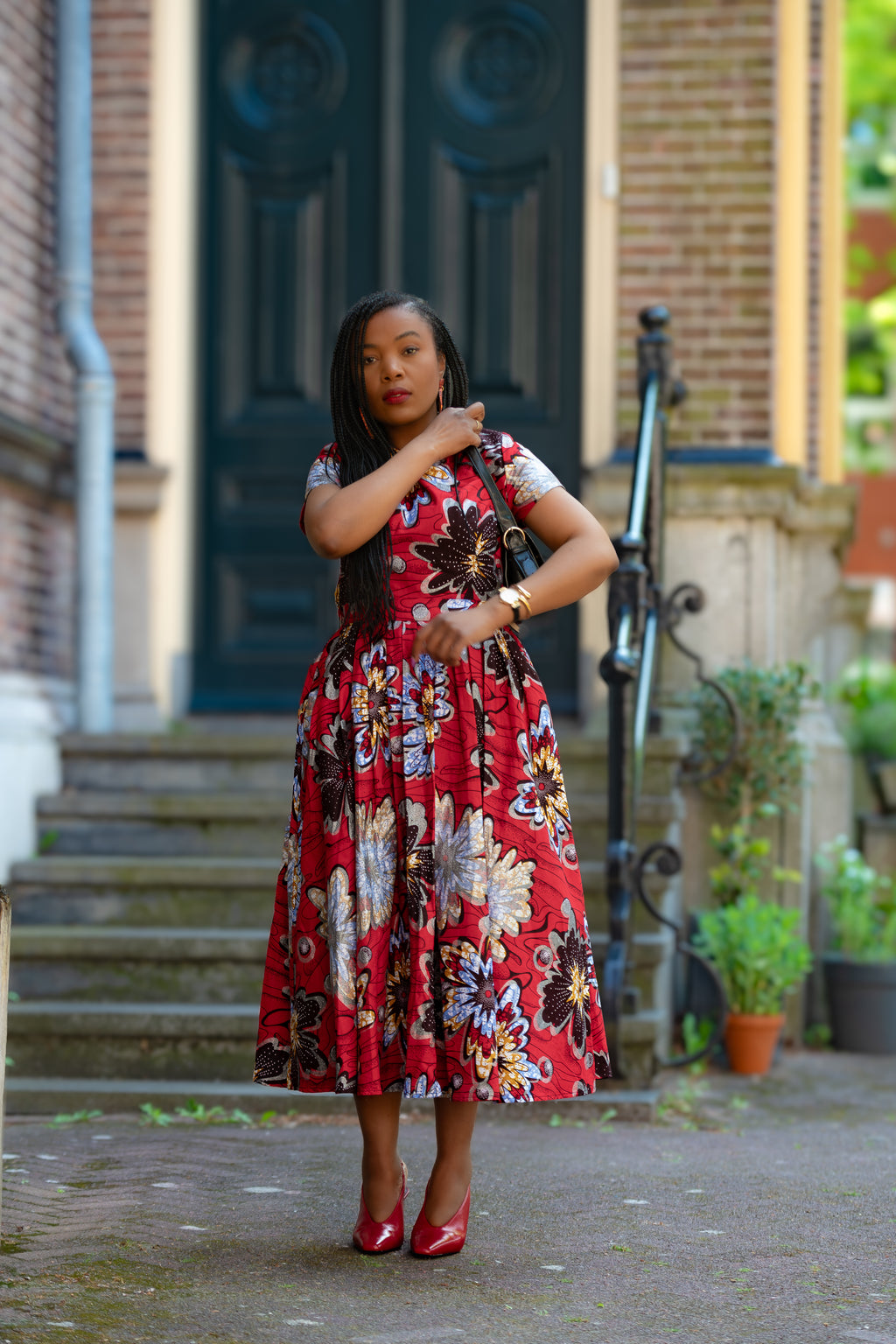 African print Red & silver Women's Midi  dress in 100% Ankara Cotton
