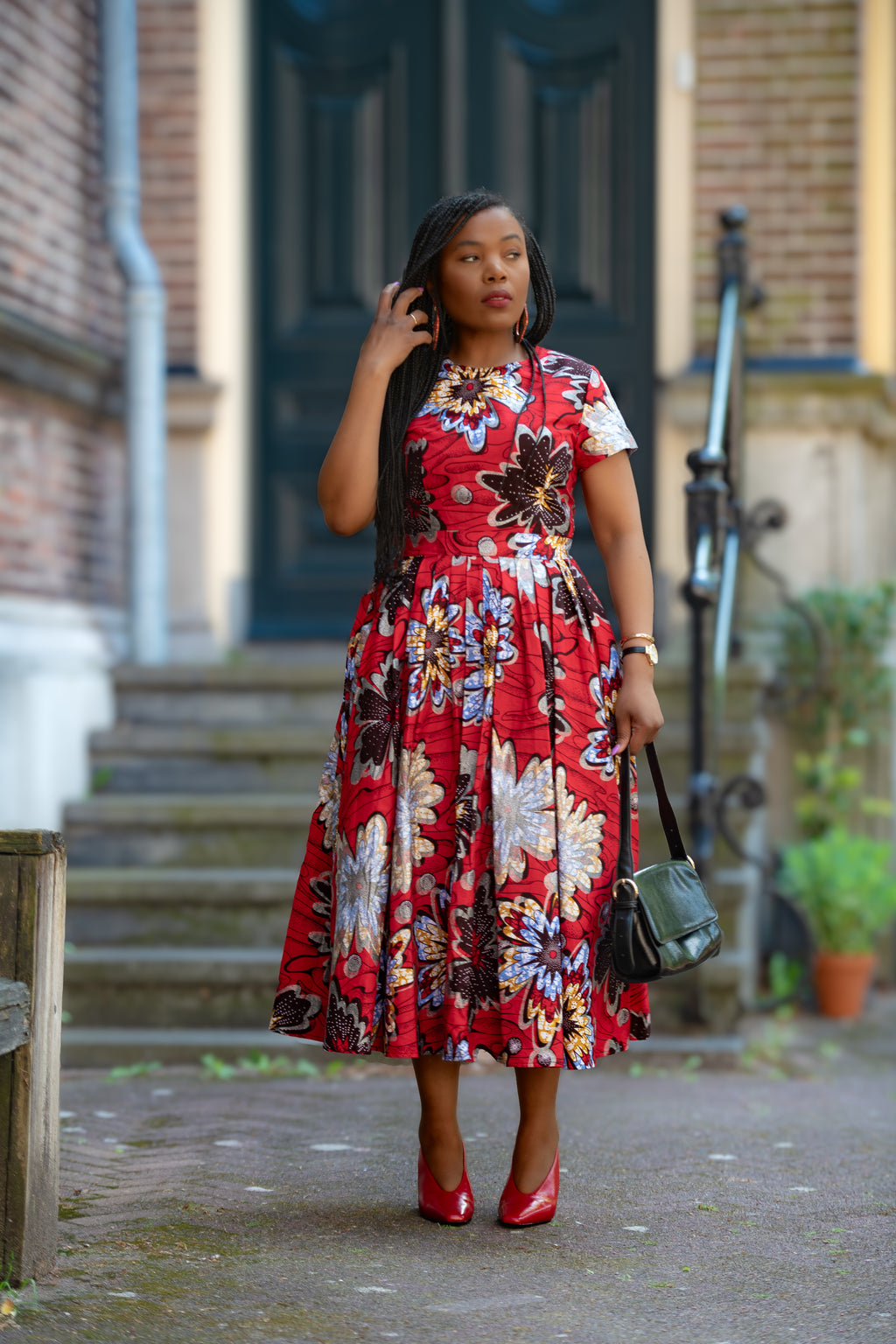 African print Red & silver Women's Midi  dress in 100% Ankara Cotton