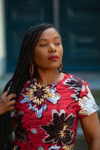 African print Red & silver Women's Midi  dress in 100% Ankara Cotton