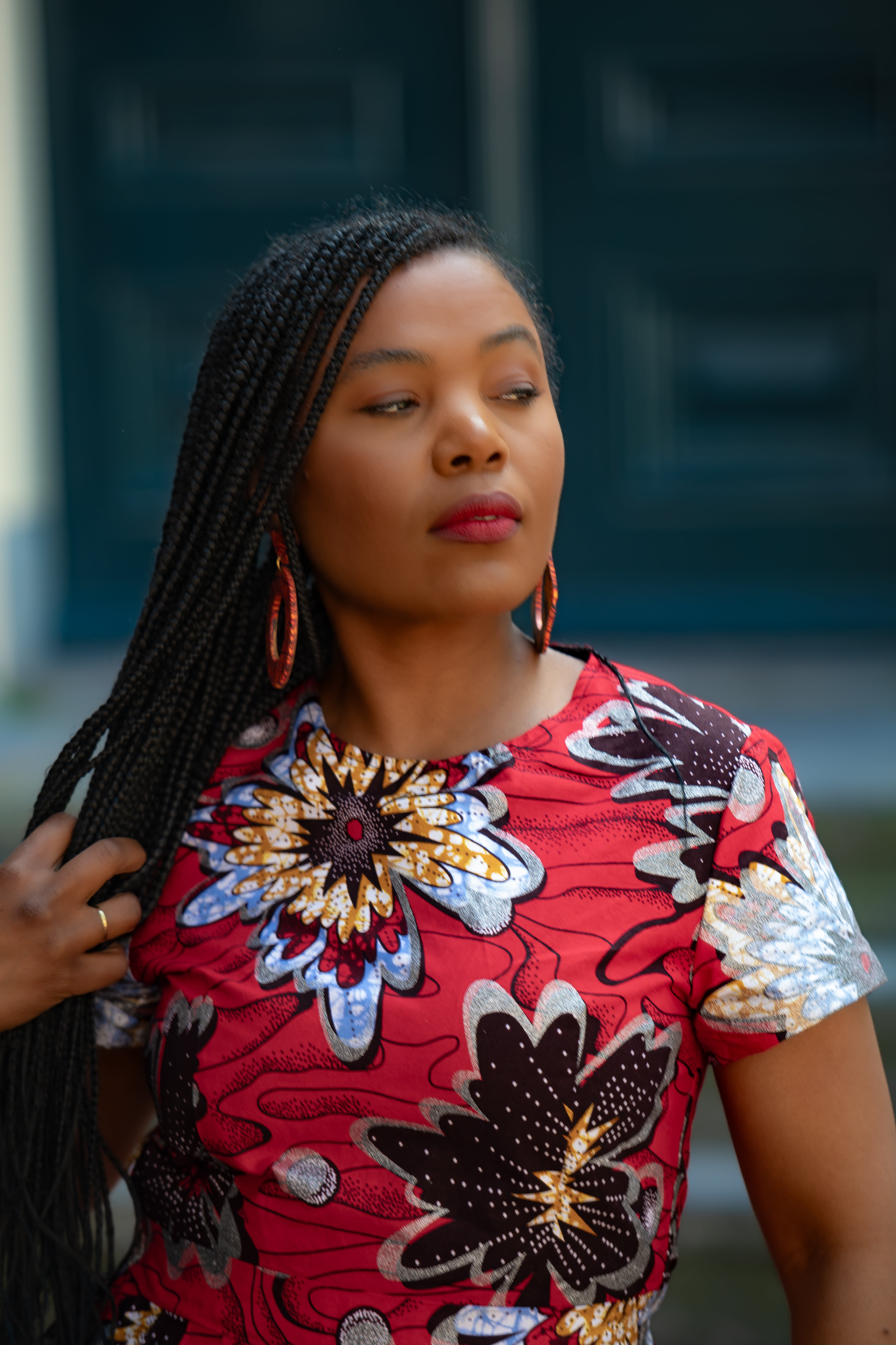 African print Red & silver Women's Midi  dress in 100% Ankara Cotton