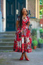 African print Red & silver Women's Midi  dress in 100% Ankara Cotton