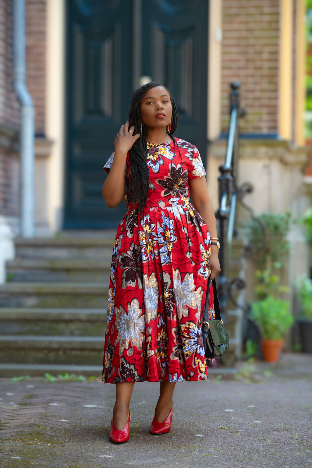 African print Red & silver Women's Midi  dress in 100% Ankara Cotton