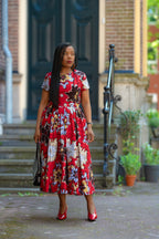 African print Red & silver Women's Midi  dress in 100% Ankara Cotton