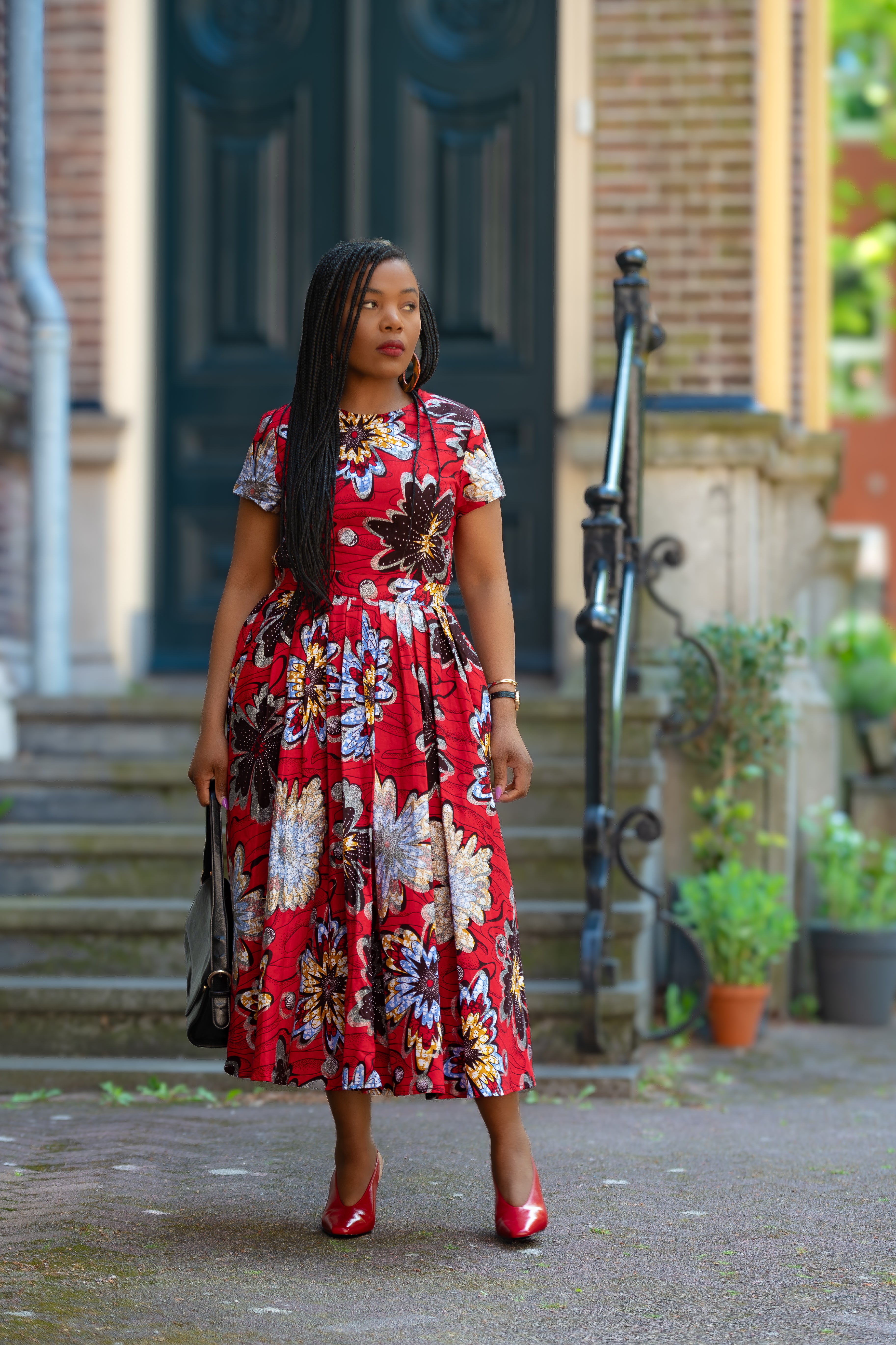 African print Red & silver Women's Midi  dress in 100% Ankara Cotton