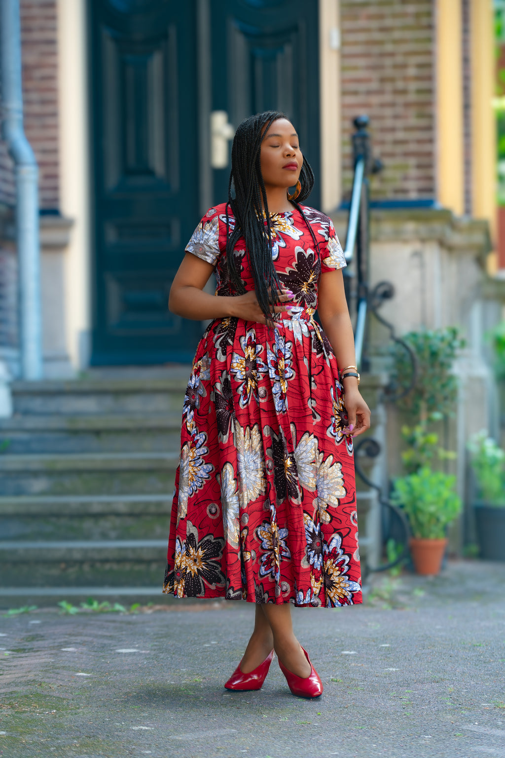 African print Red & silver Women's Midi  dress in 100% Ankara Cotton