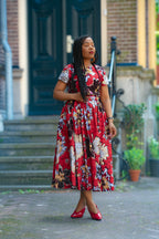 African print Red & silver Women's Midi  dress in 100% Ankara Cotton