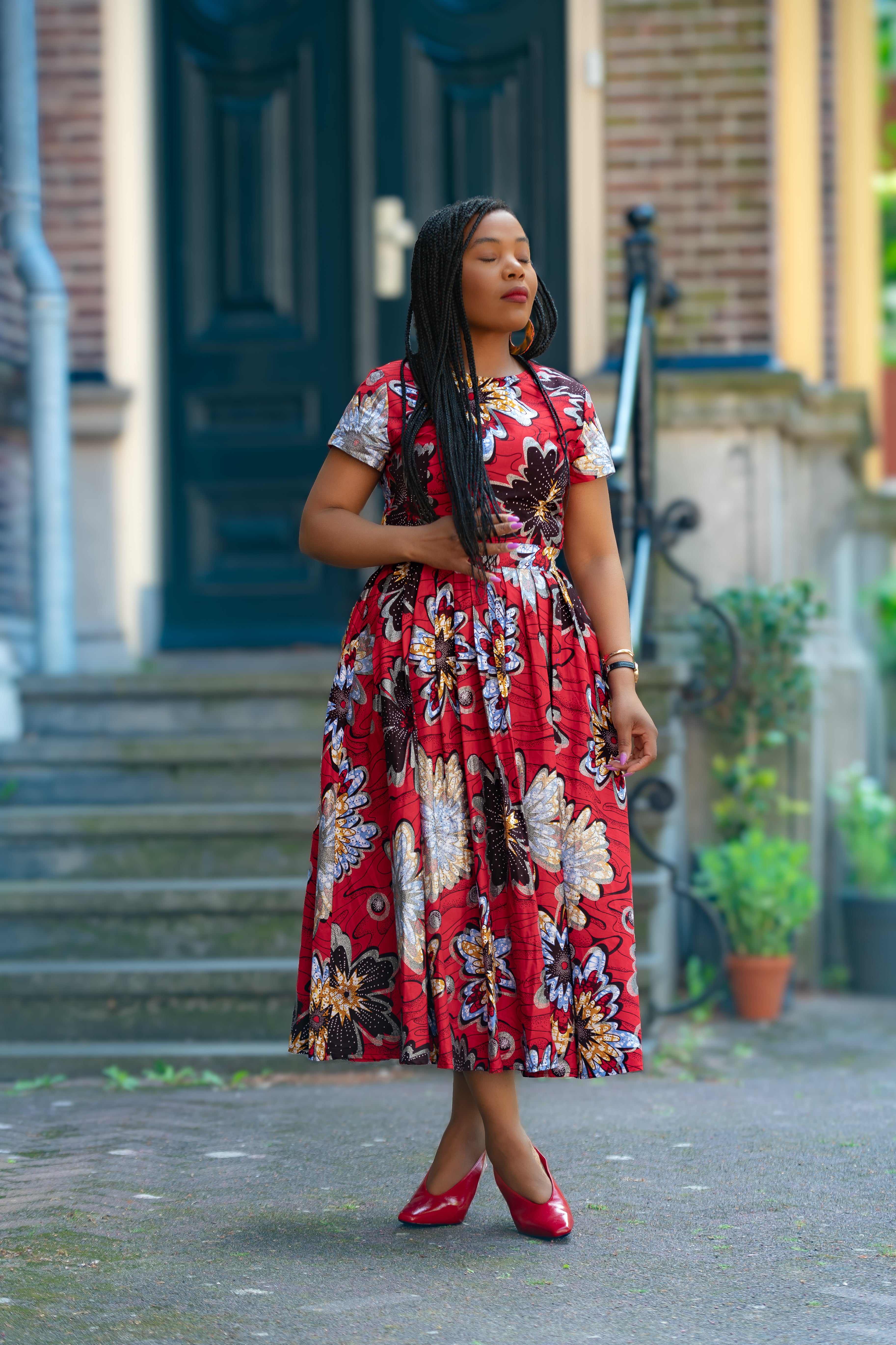 African print Red & silver Women's Midi  dress in 100% Ankara Cotton