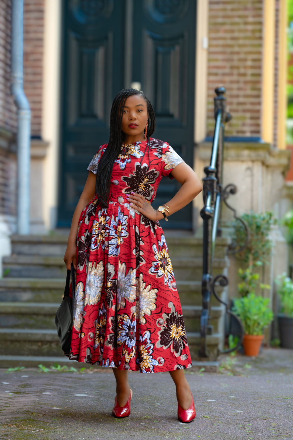 African print Red & silver Women's Midi  dress in 100% Ankara Cotton