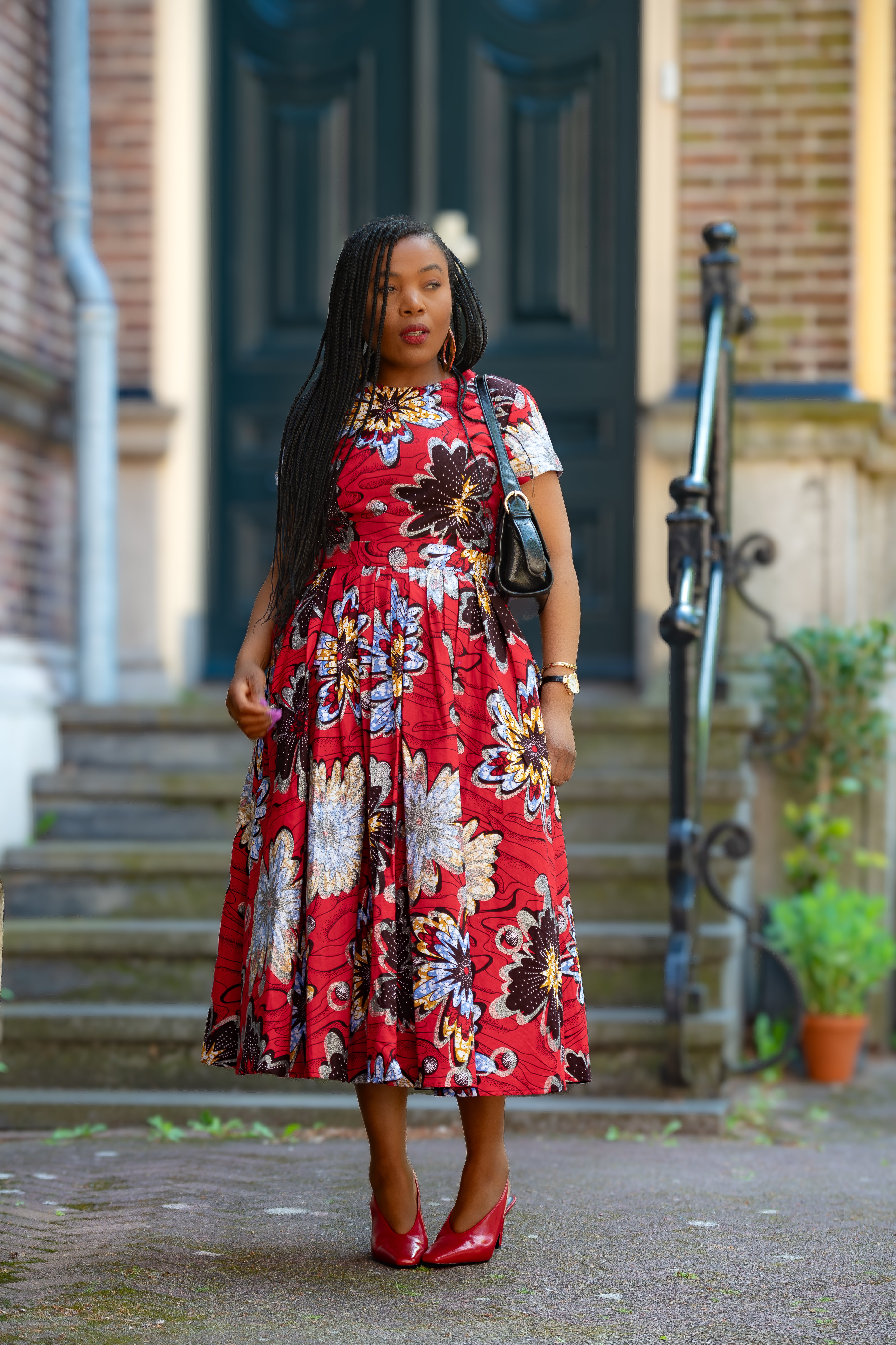 African print Red & silver Women's Midi  dress in 100% Ankara Cotton