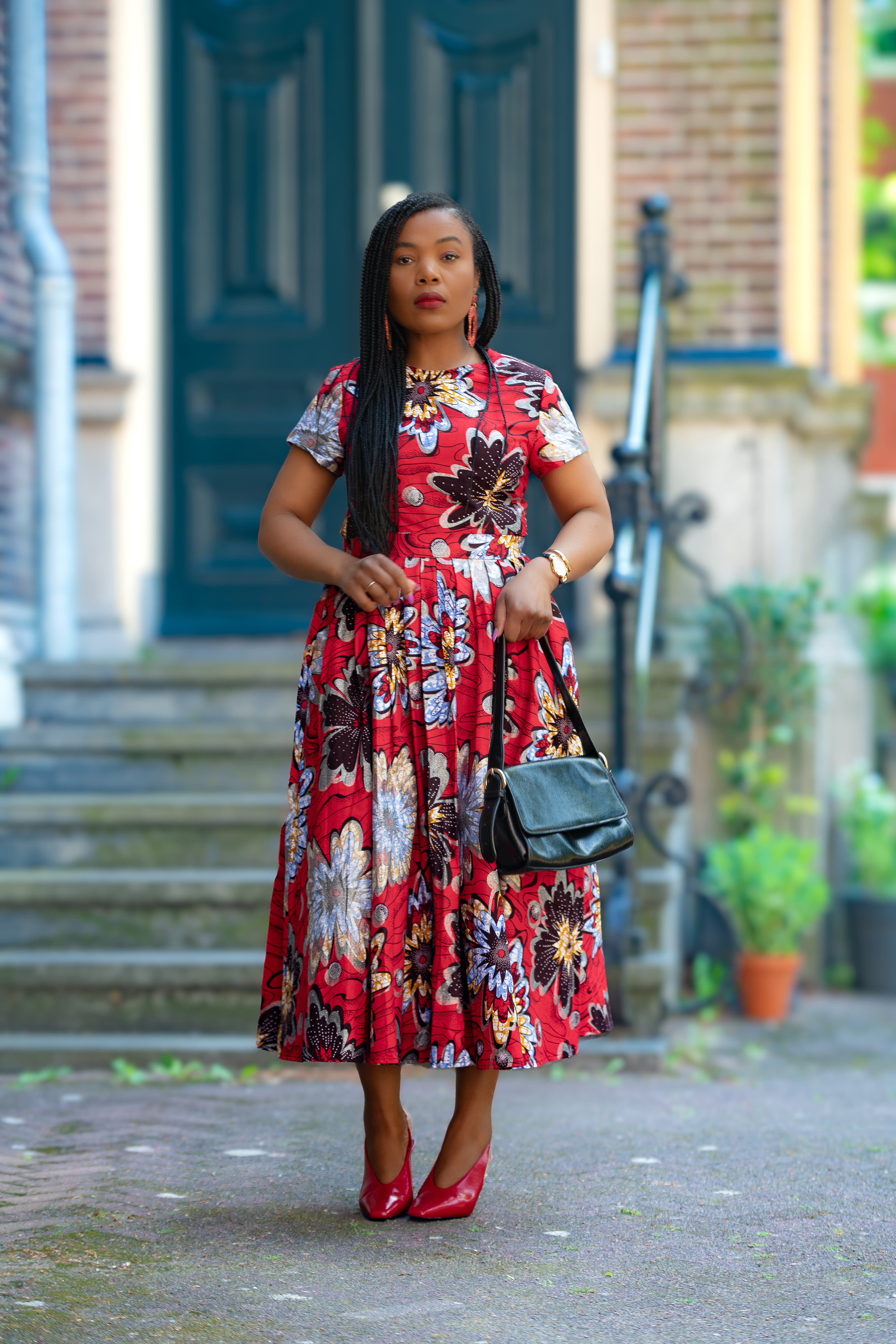 African print Red & silver Women's Midi  dress in 100% Ankara Cotton
