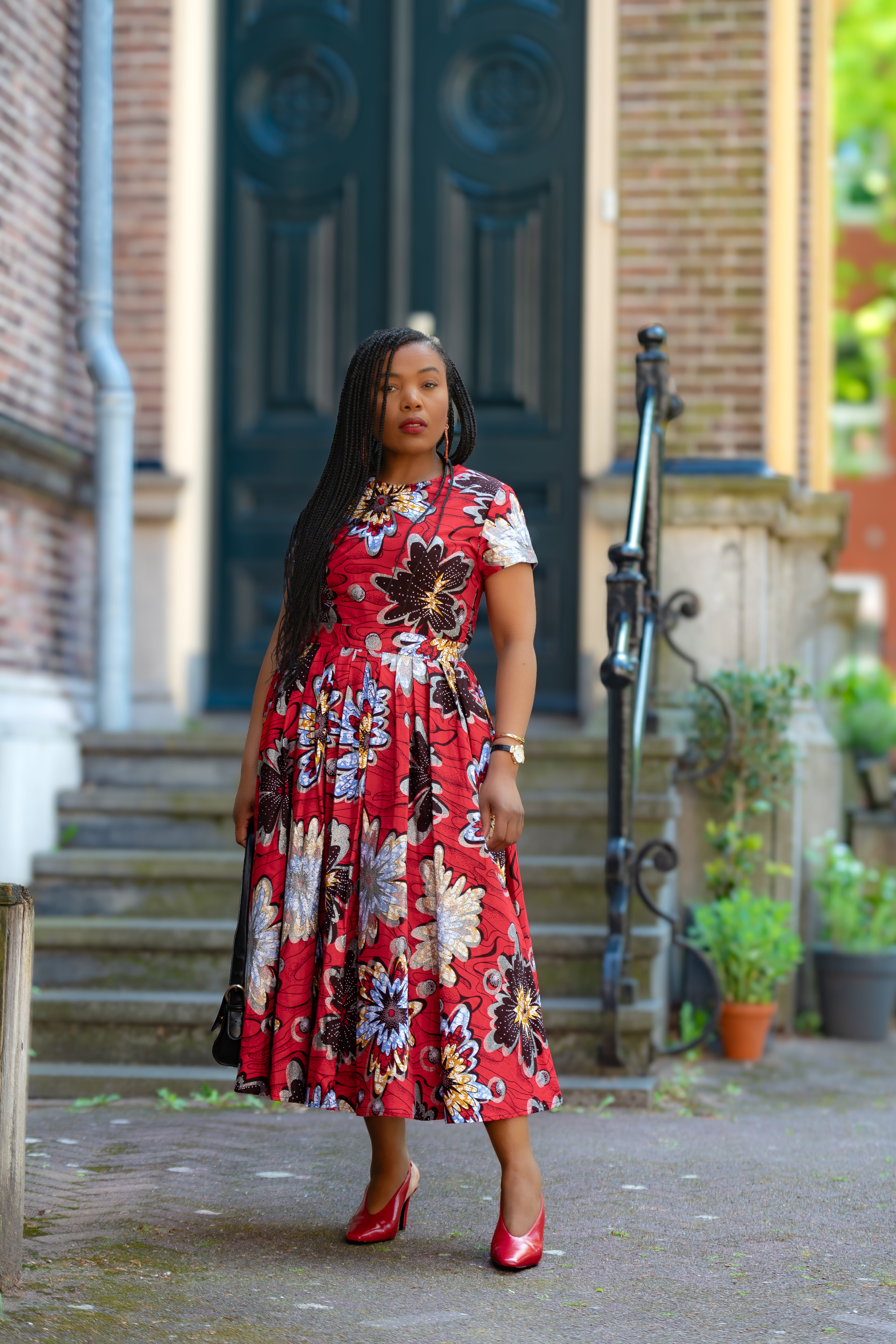 African print Red & silver Women's Midi  dress in 100% Ankara Cotton