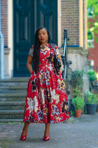 African print Red & silver Women's Midi  dress in 100% Ankara Cotton