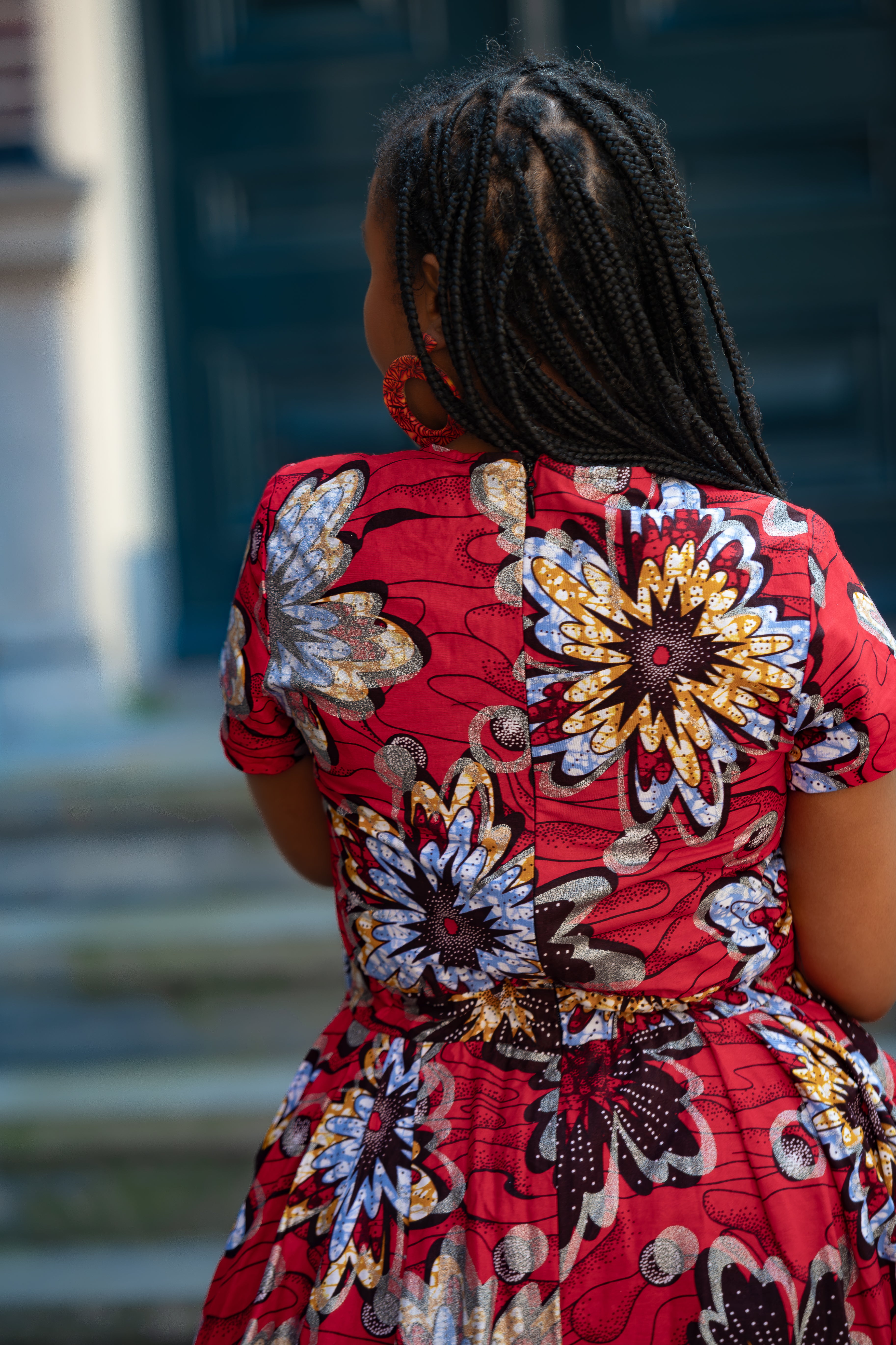 Back view African print Red & silver Women's Midi dress in 100% Ankara Cotton