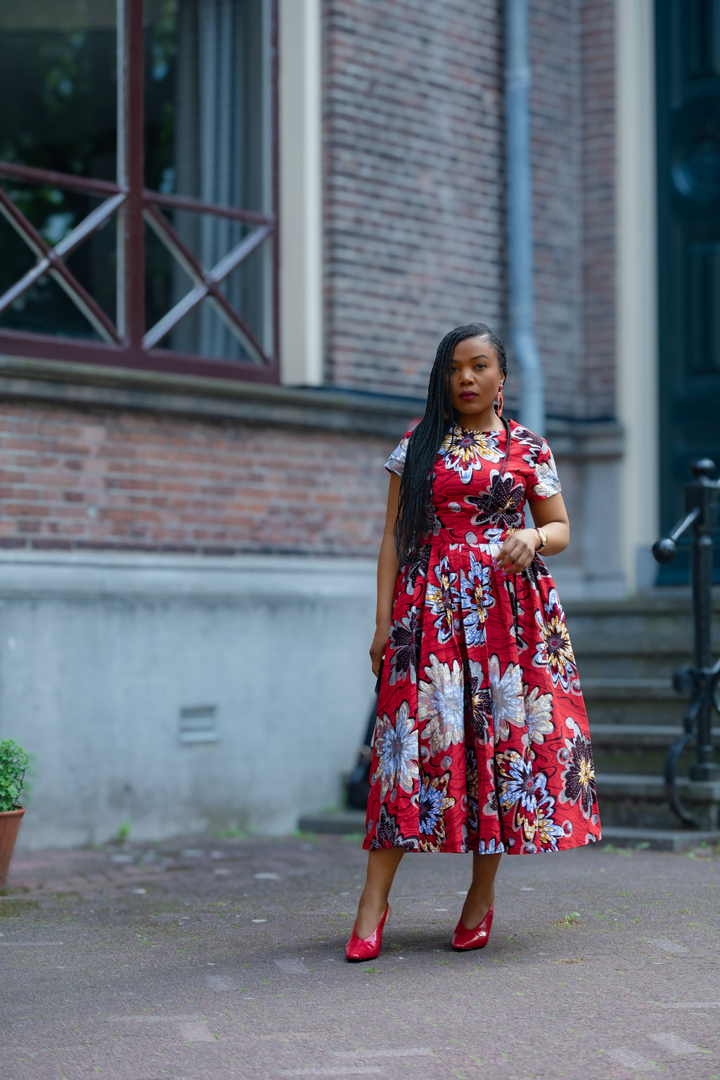 African print Red & silver Women's Midi  dress in 100% Ankara Cotton