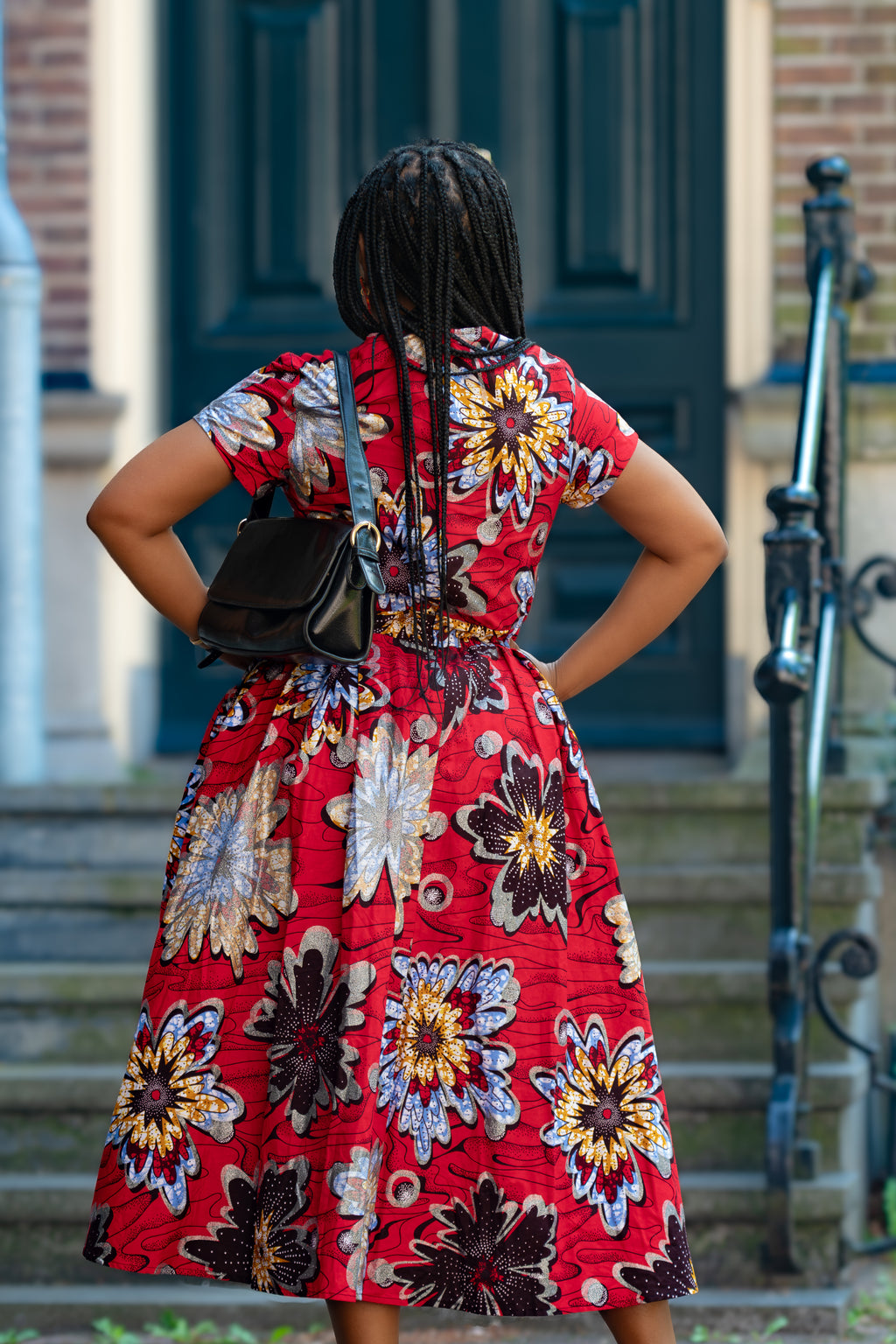 Back detail African print Red & silver Women's Midi dress in 100% Ankara Cotton 
