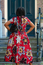 Back detail African print Red & silver Women's Midi dress in 100% Ankara Cotton 