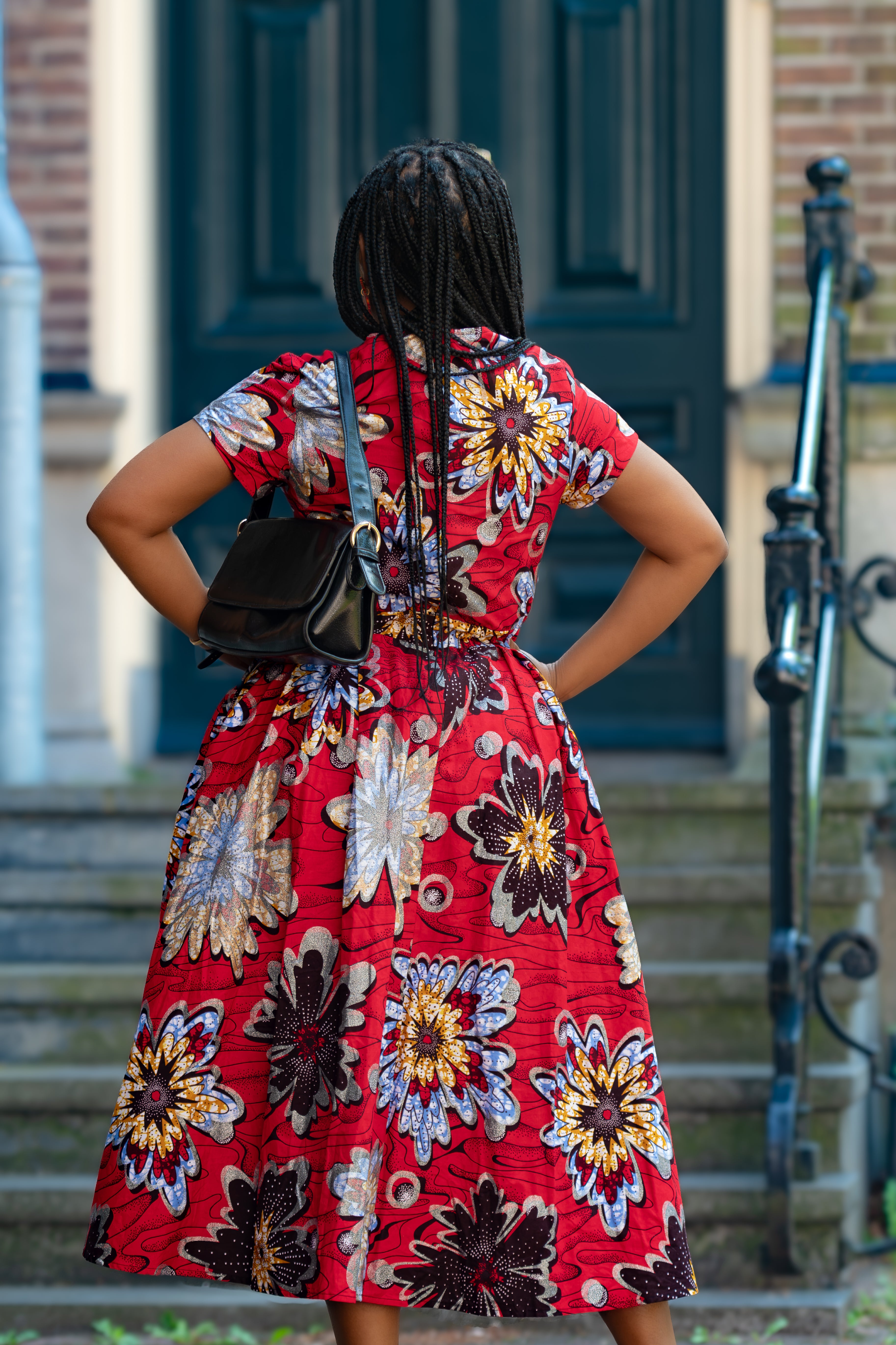 Back detail African print Red & silver Women's Midi dress in 100% Ankara Cotton 