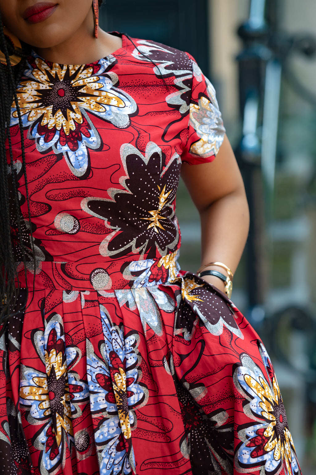 Close up view of African print Red & silver Women's Midi  dress in 100% Ankara Cotton