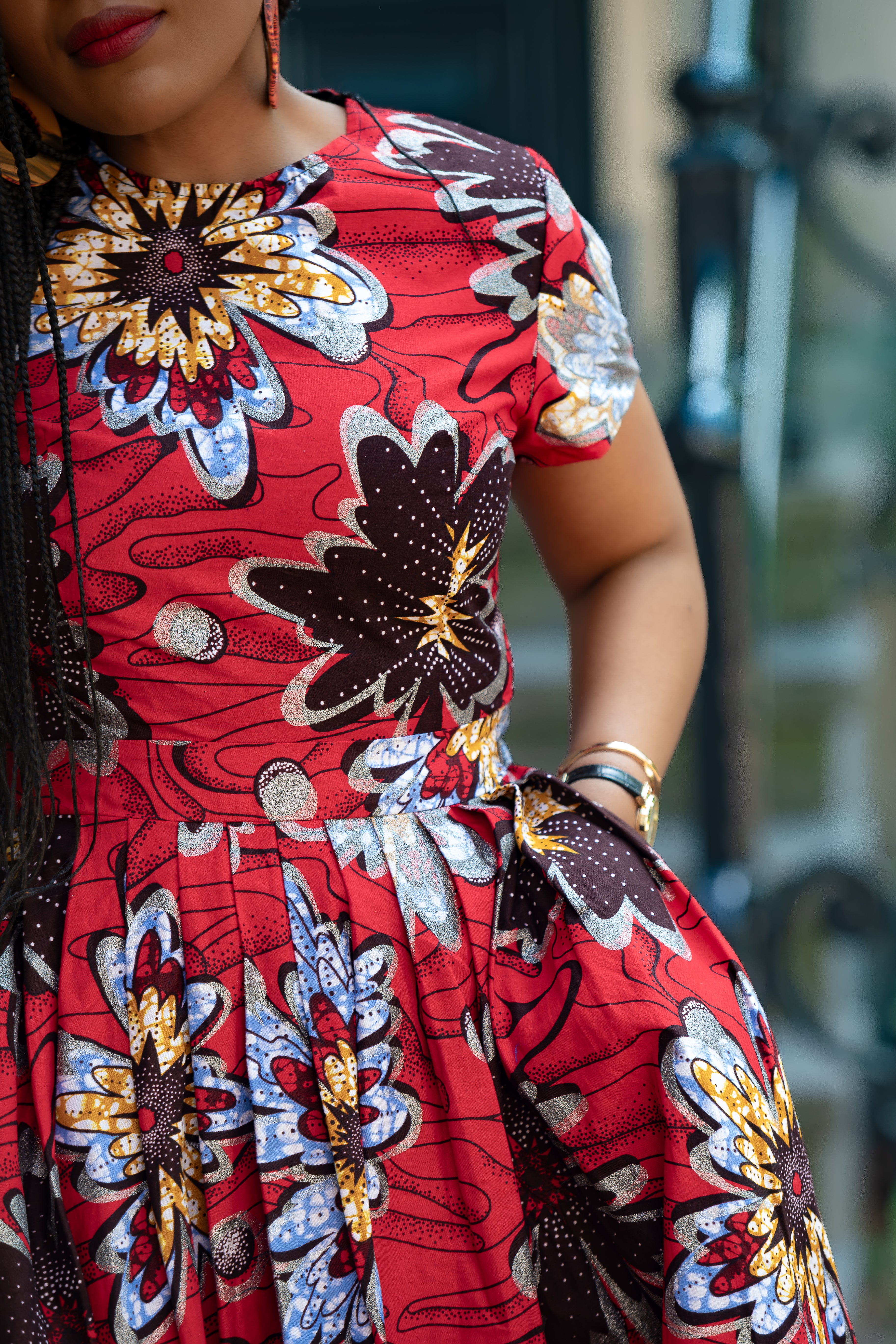Close up view of African print Red & silver Women's Midi  dress in 100% Ankara Cotton