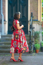 Side profile of African floral print Occasion  Midi Dress