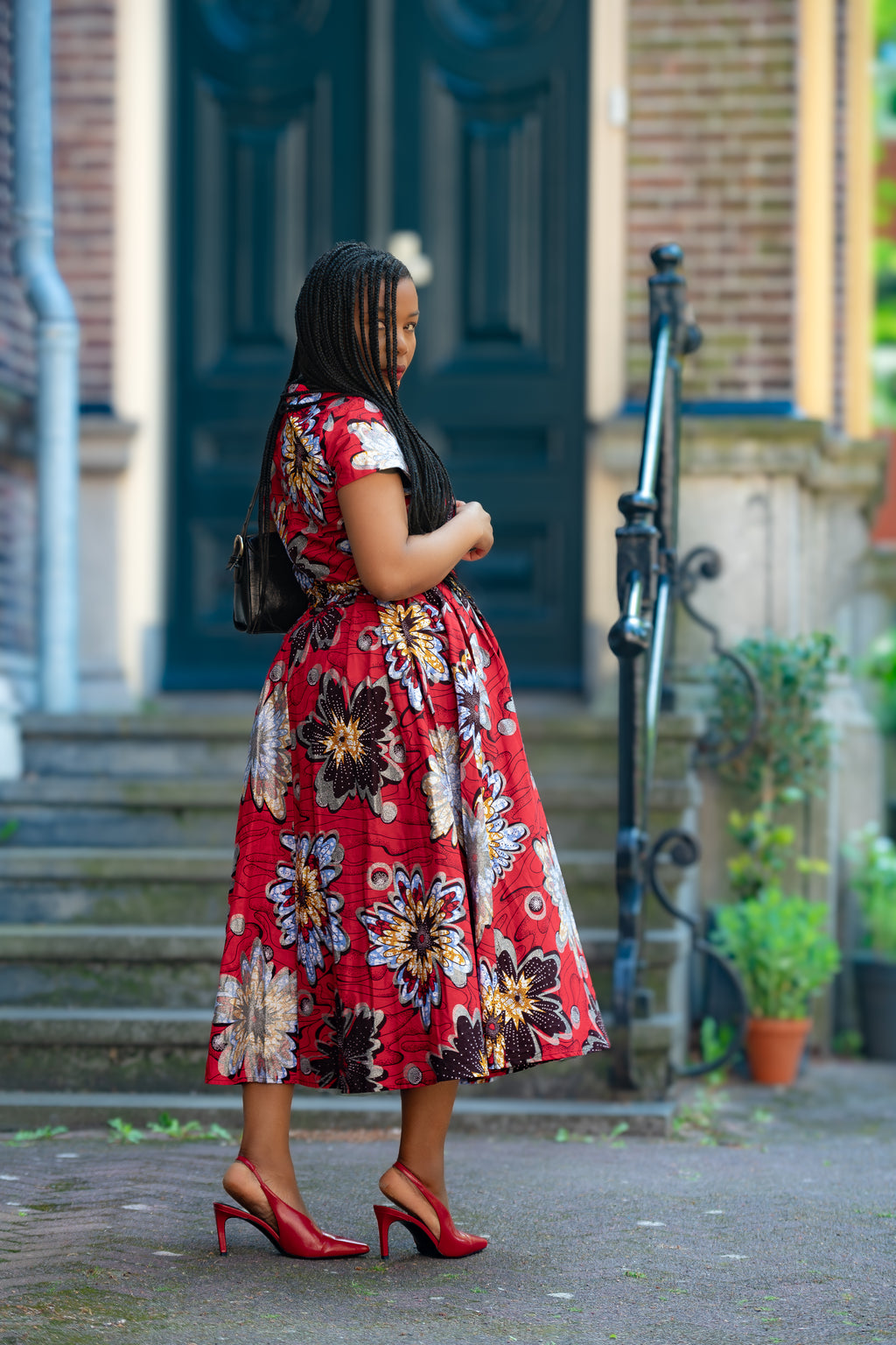 Side view of African print Red & silver Women's Midi  dress in 100% Ankara Cotton