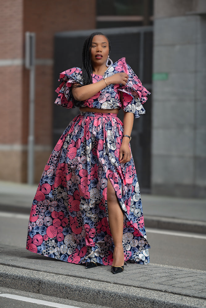 Model wearing an African print pink floral Maxi Set