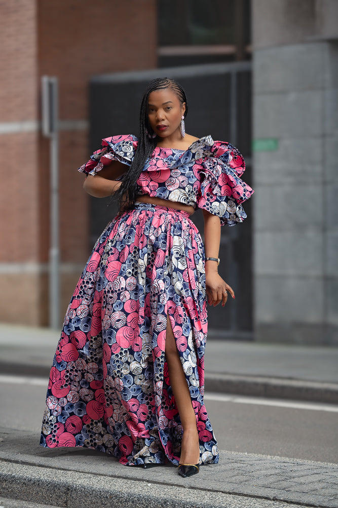 Model wearing an African print pink floral Maxi Set Women's Clothings