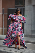 Model wearing an African print pink floral Maxi Set Women's Outfit