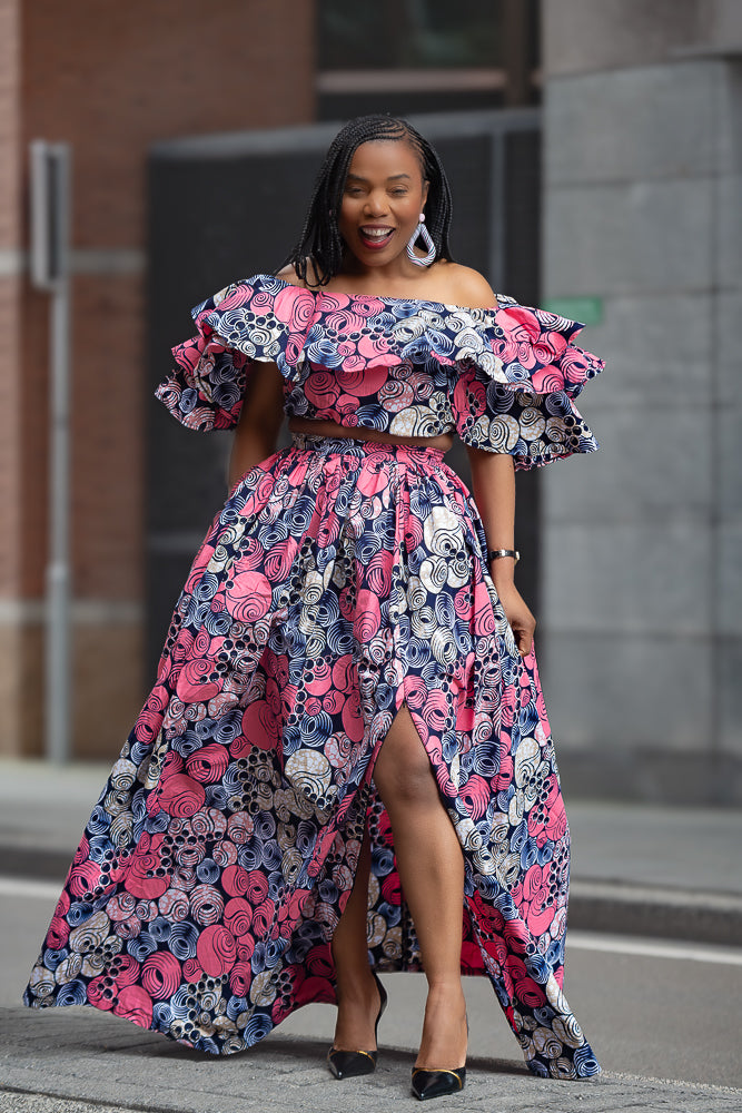 Pink Floral African print Maxi Set styled for an Occasion