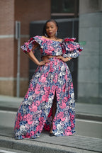 Model wearing an African print pink floral Maxi Set
