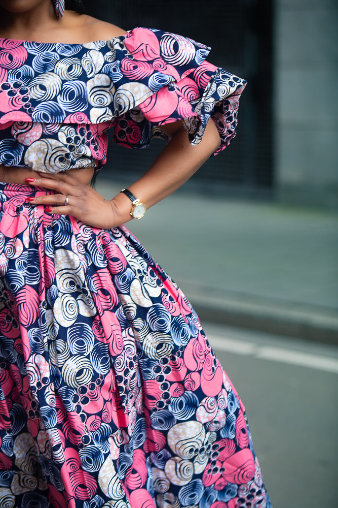 Model wearing an African print pink floral Maxi Set