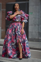Front View side slit pink floral African Print Top and Skirt Set by Heritage Clothings