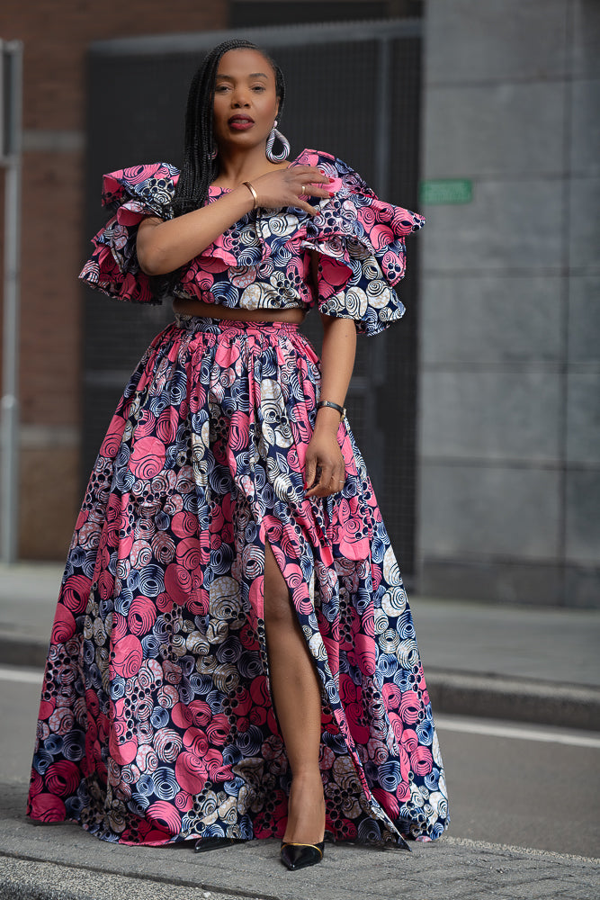 Front View side slit pink floral African Print Top and Skirt Set by Heritage Clothings