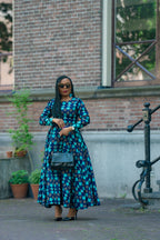 Blue and Brown African print Cotton Midaxi dress with Long Sleeves styled for an Ocassion.