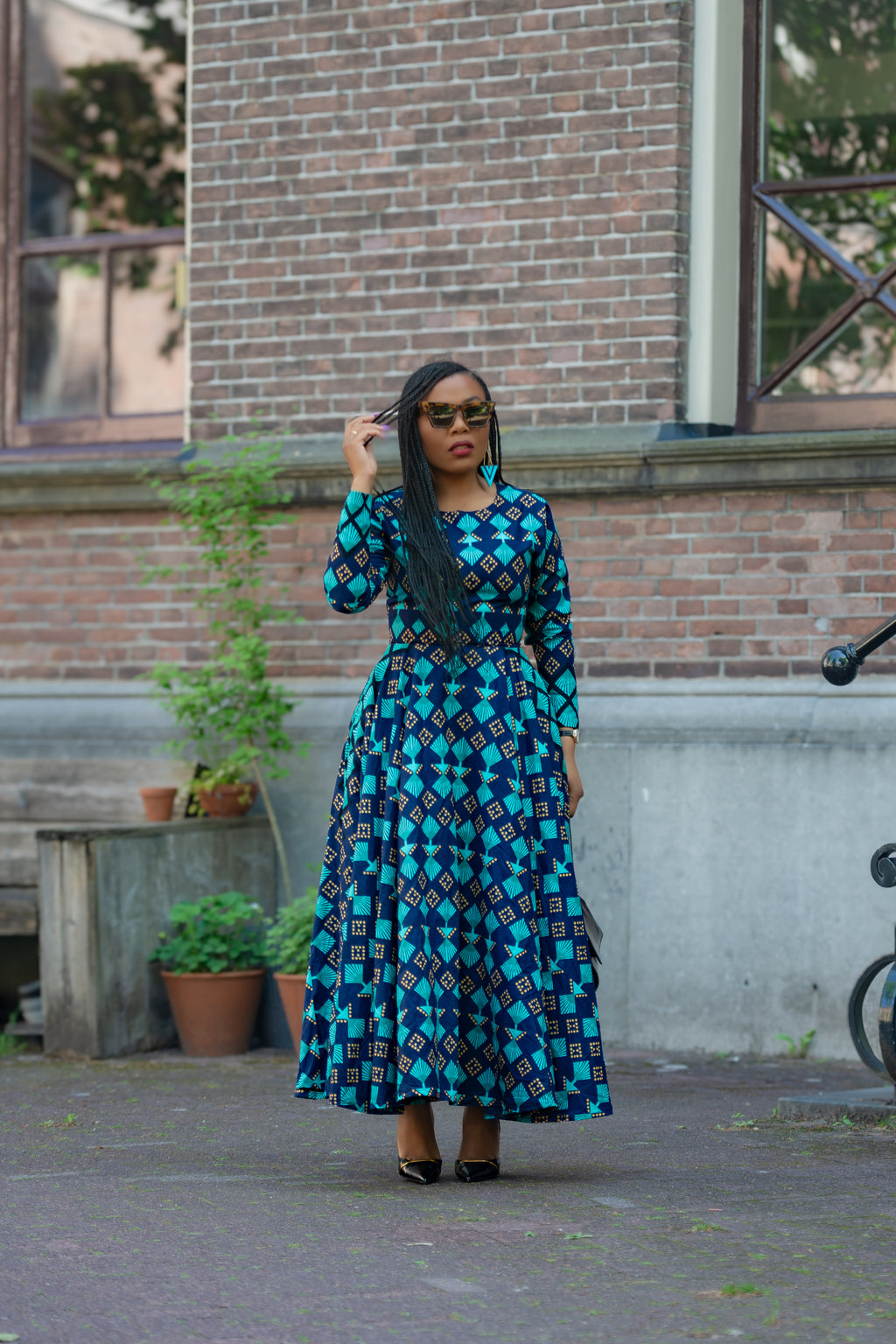 Blue and Brown African print Cotton Midaxi dress with Long Sleeves
