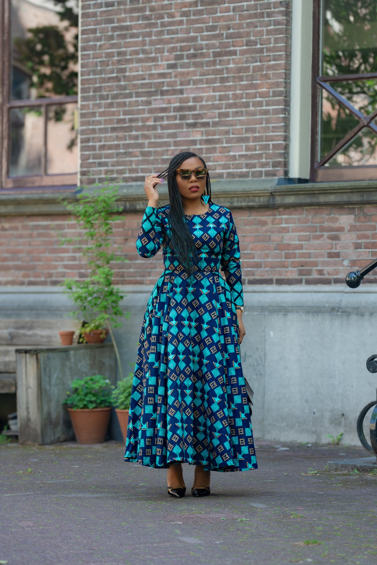 Blue and Brown African print Cotton Midaxi dress with Long Sleeves