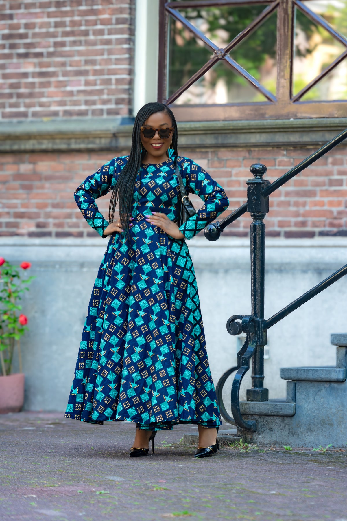 Blue and Brown African print Cotton Midaxi dress with Long Sleeves