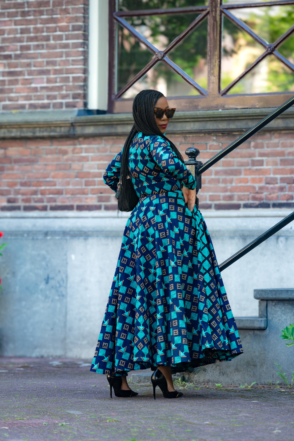 Blue and Brown African print Cotton Midaxi dress with Long Sleeves & A line Silhouette.