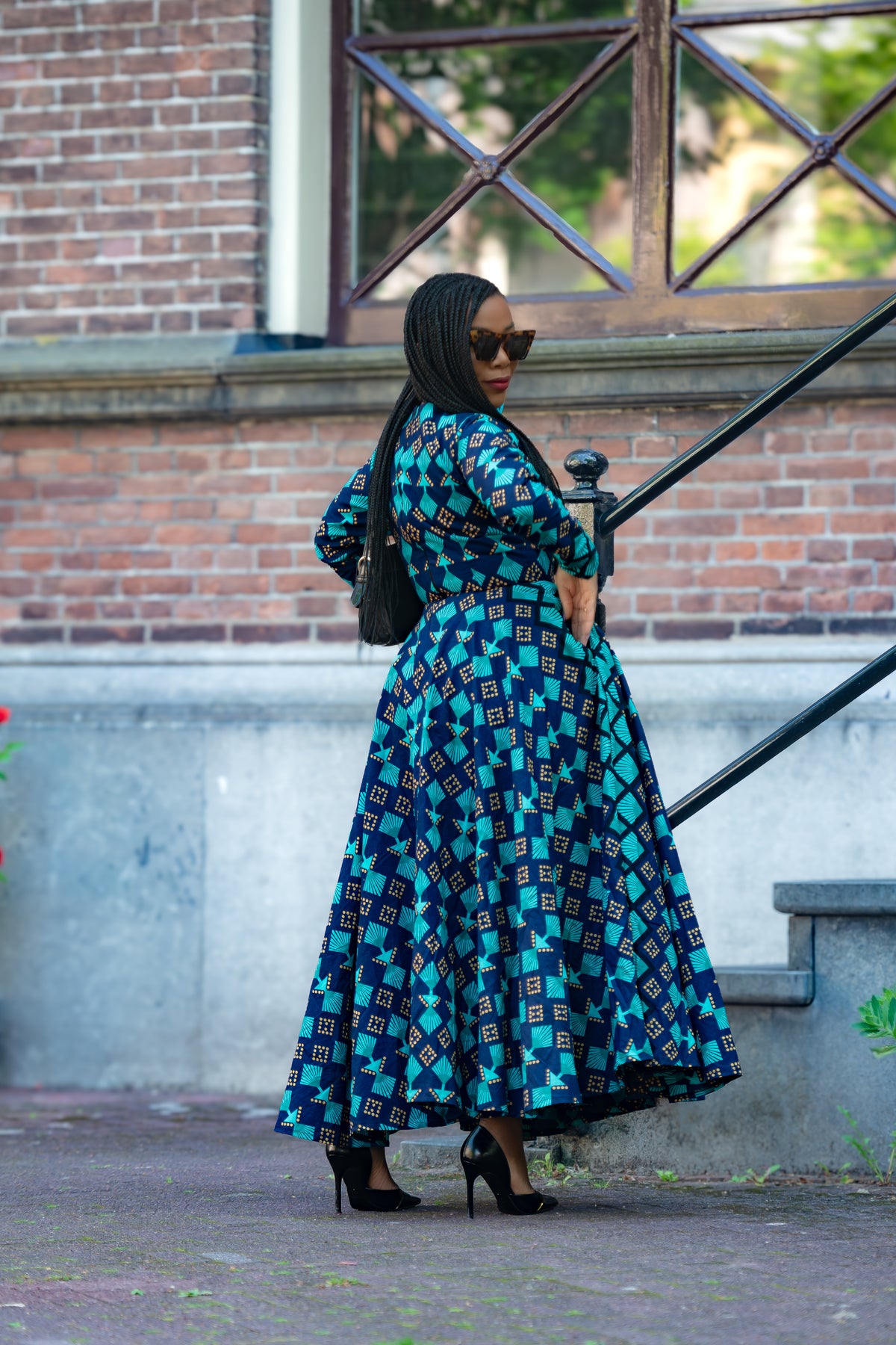 Blue and Brown African print Cotton Midaxi dress with Long Sleeves & A line Silhouette.
