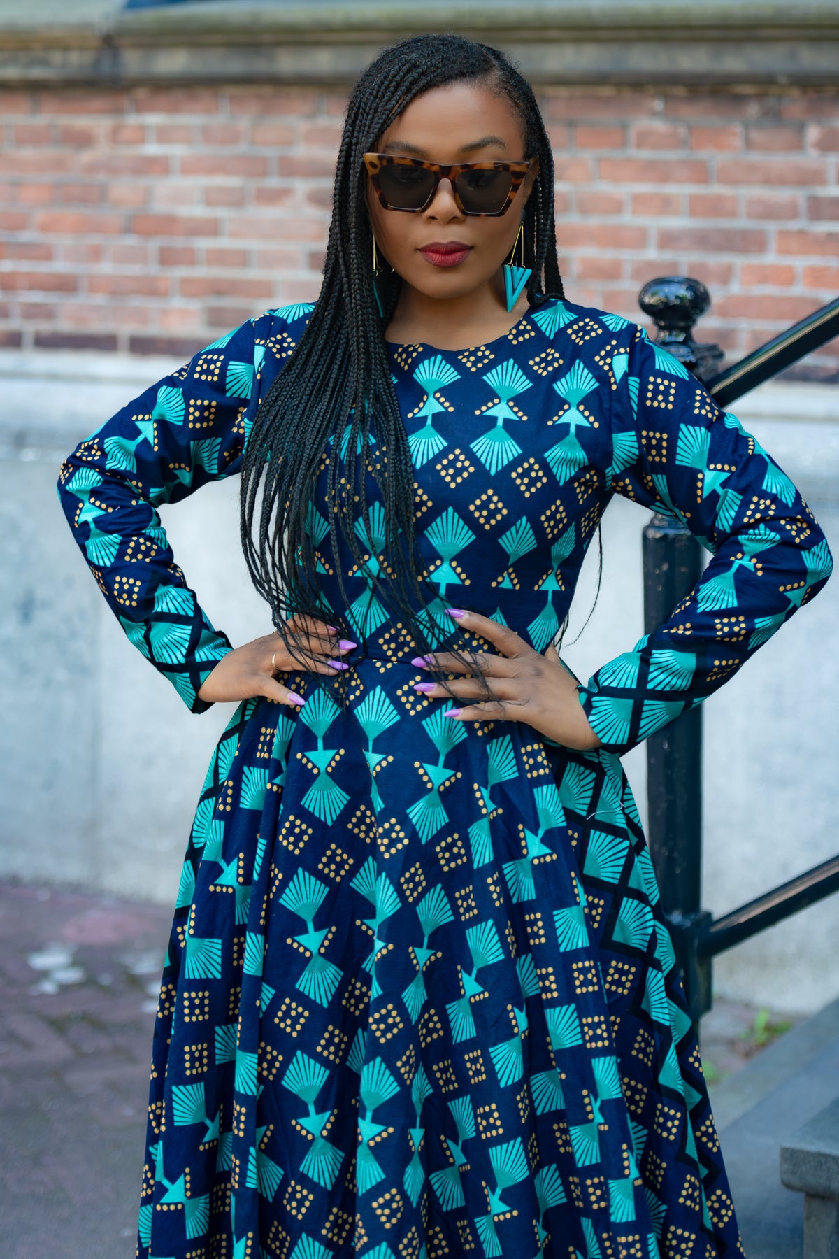 Blue and Brown African print Cotton Midaxi dress with Long Sleeves & A line Silhouette.