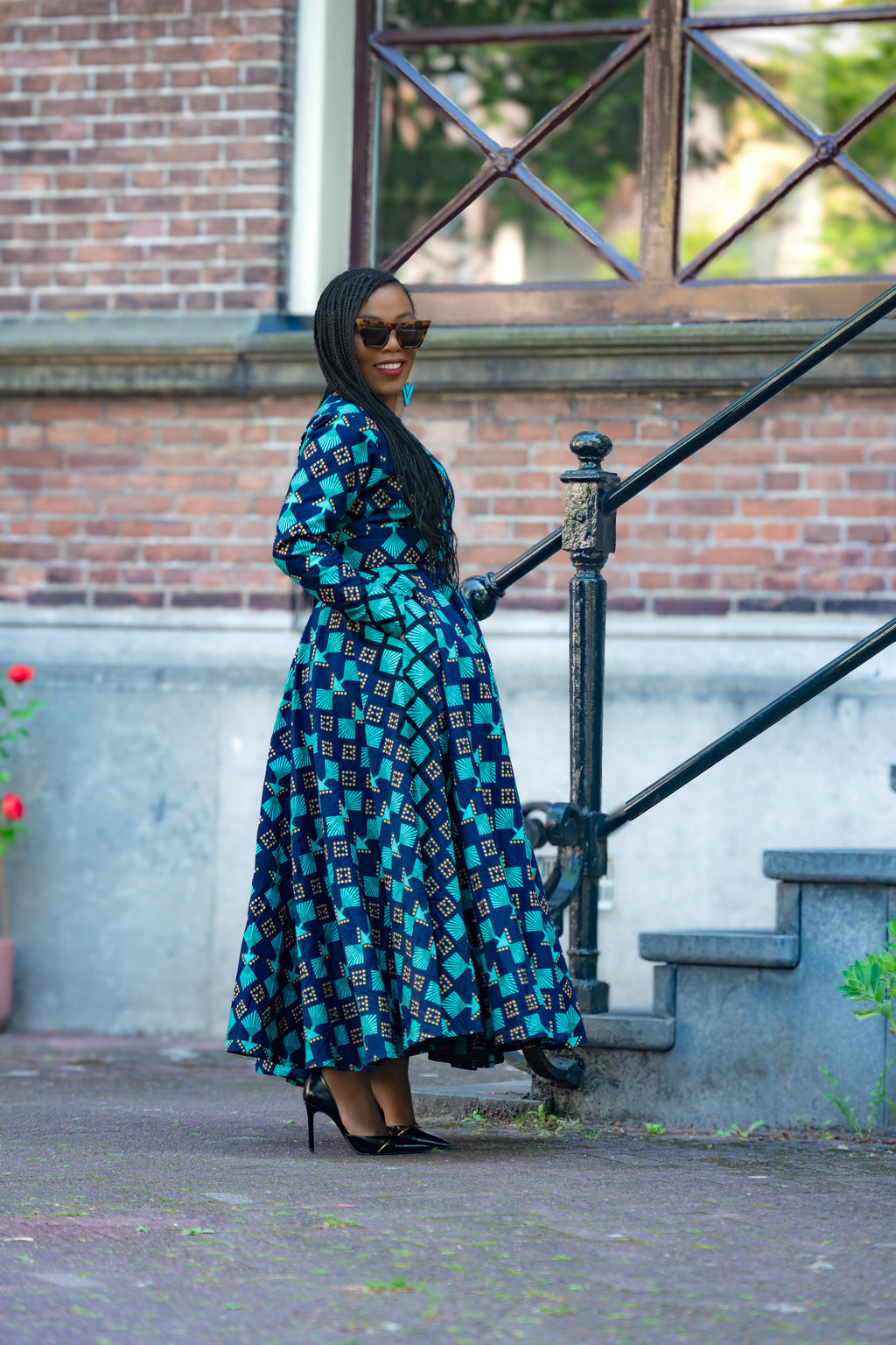 Blue and Brown African print Cotton Midaxi dress with Long Sleeves & A line Silhouette.