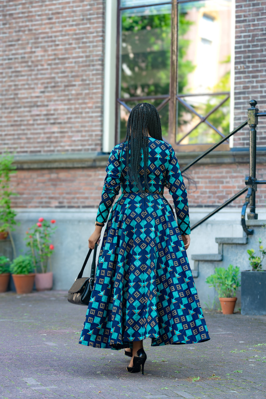 Back view of Blue and Brown African print Cotton Midaxi dress with Long Sleeves 