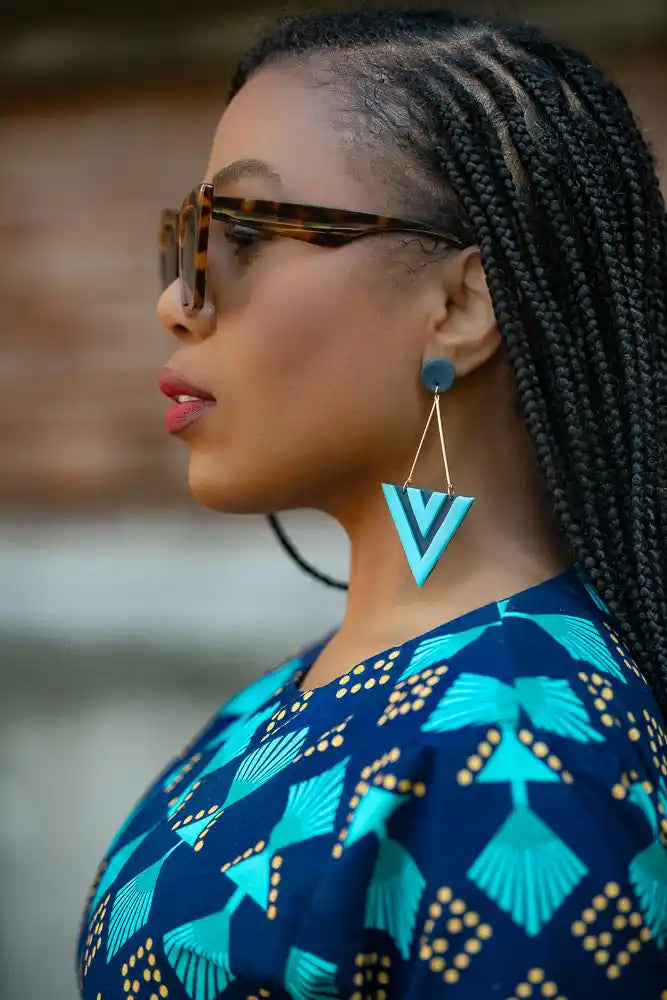Moyo Blue drop earrings with a Geometric design by Heritage Clothings.