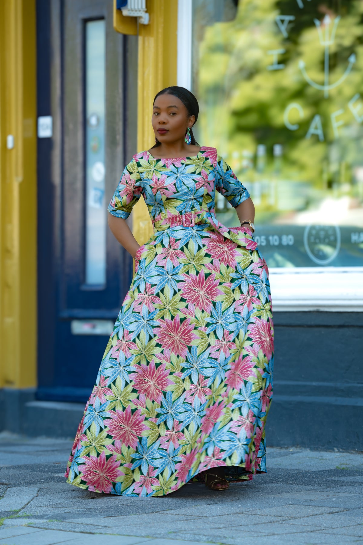 Floral Gold African print Maxi Cotton Dress with waist Belt & 3/4 Sleeves